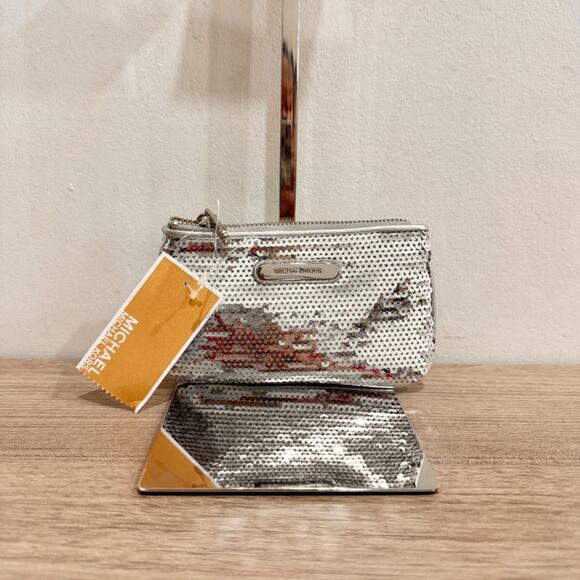 NWT Michael Kors Embellished Sequin Zipper Coin Purse Metallic Silver - Picture 2 of 11